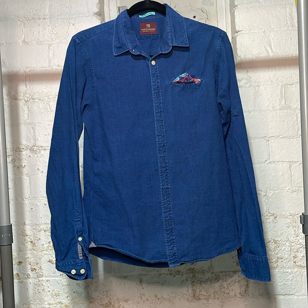 Men's Scotch & Soda Blue Cotton Casual Button-Up Shirt, size Small